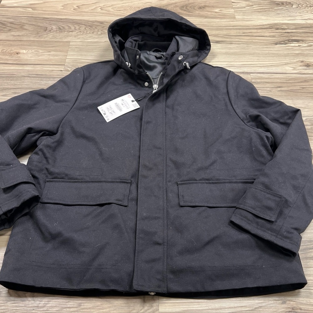 Zara Utility Parka Jacket Hood Insulated Winter Coat Black Men’s Medium $139 NWT